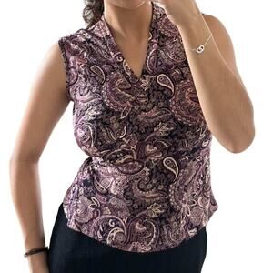 NEW YORK & CO Paisley Sleeveless Wrap Blouse V-Neck Collared Purple Multi Size M